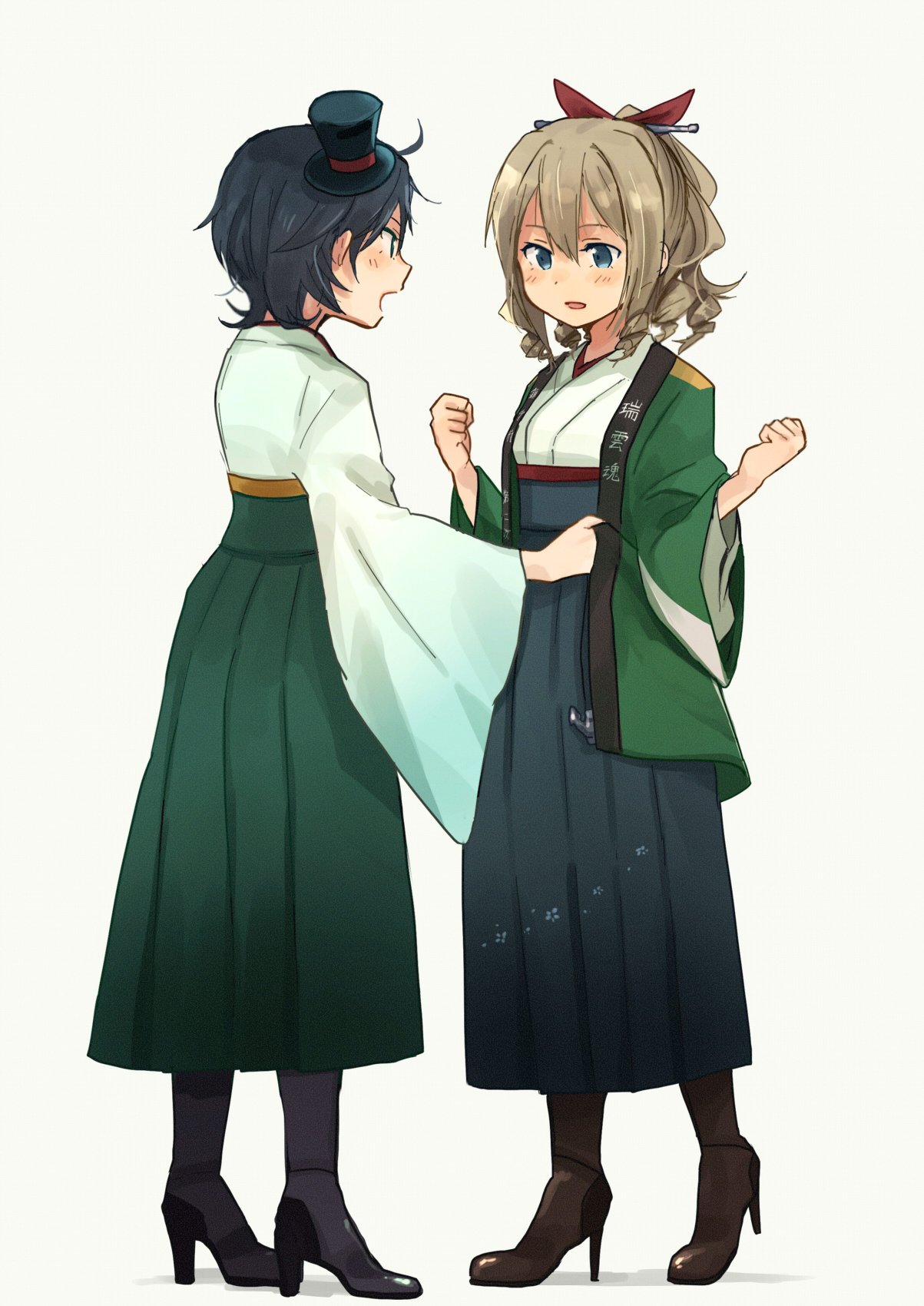 2girls annin_musou black_footwear black_hair black_hakama black_hat blue_eyes boots brown_footwear commentary_request furisode green_hakama grey_background hair_between_eyes hakama hat hatakaze_(kantai_collection) highres japanese_clothes kantai_collection kimono light_brown_hair long_sleeves matsukaze_(kantai_collection) meiji_schoolgirl_uniform mini_hat mini_top_hat multiple_girls open_mouth red_ribbon ribbon short_hair simple_background top_hat wide_sleeves