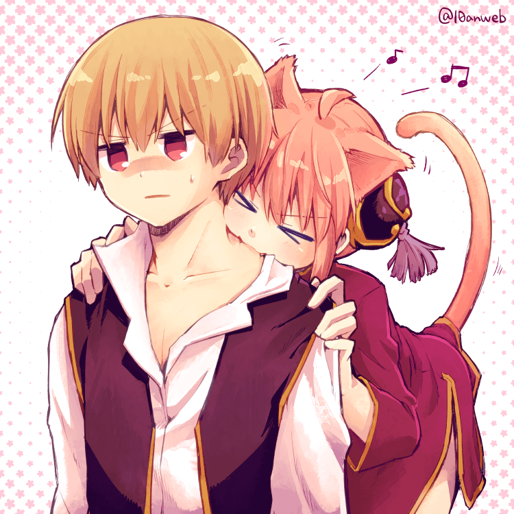 &gt;_&lt; 1boy 1girl a4_(drpnd) ahoge animal_ears bent_over biting blonde_hair blush cat_ears cat_tail collarbone dress eyebrows_visible_through_hair fangs gintama hands_on_another's_shoulders head_tilt jitome kagura_(gintama) musical_note okita_sougo orange_hair parted_lips red_dress red_eyes short_hair sweatdrop tail twitter_username v-shaped_eyebrows