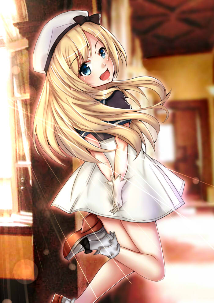 1girl blonde_hair blue_eyes commentary_request dress fire_maxs from_behind gloves hat jervis_(kantai_collection) kantai_collection long_hair looking_at_viewer looking_back open_mouth sailor_collar sailor_dress sailor_hat short_sleeves solo white_dress white_gloves white_hat