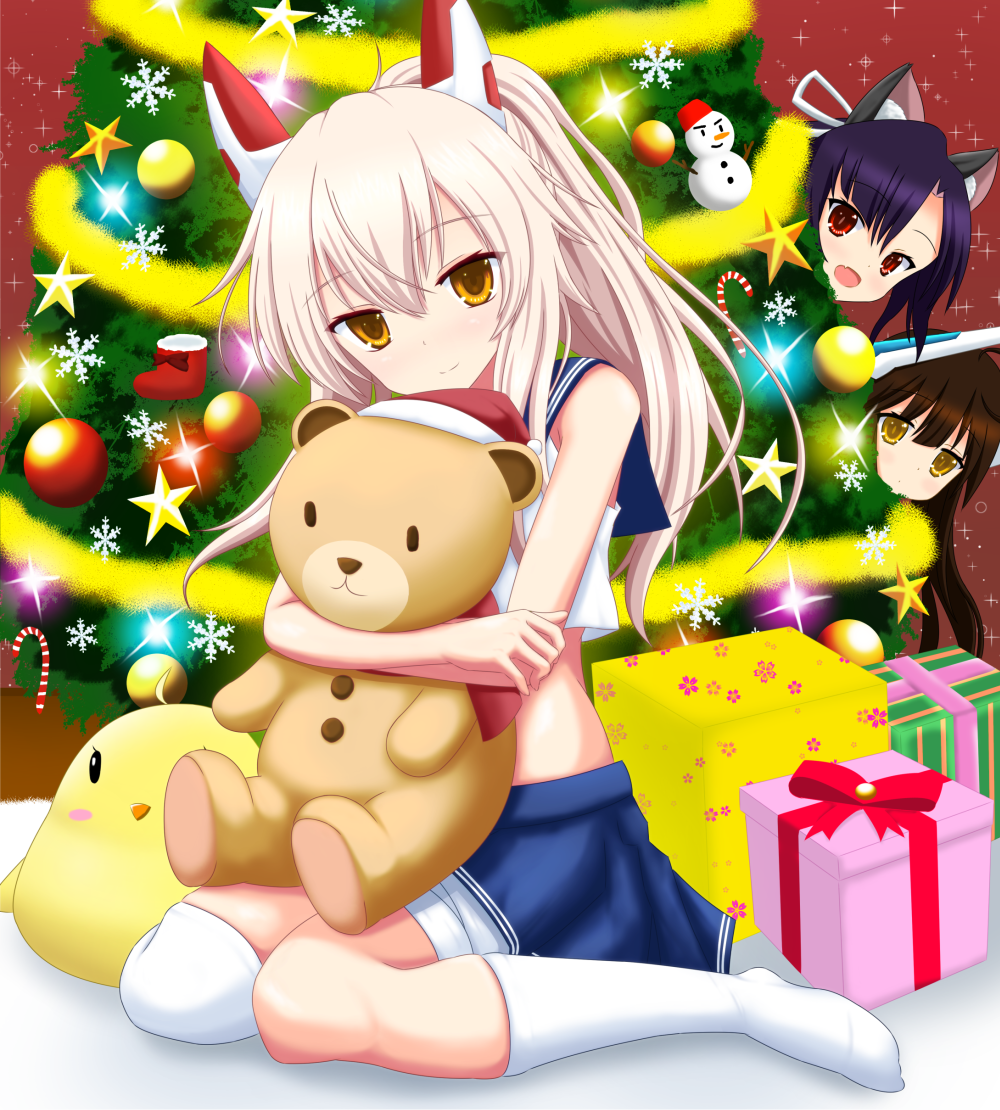 3girls :d animal_ears ayanami_(azur_lane) azur_lane black_hair box christmas_tree doll_hug gift gift_box hat headgear insider_(pix_insider) long_hair looking_at_viewer multiple_girls nowaki_(azur_lane) open_mouth peeking_out pleated_skirt ponytail red_eyes santa_hat school_uniform serafuku shigure_(azur_lane) silver_hair sitting skirt smile stuffed_animal stuffed_chicken stuffed_toy teddy_bear wariza wolf_ears yellow_eyes