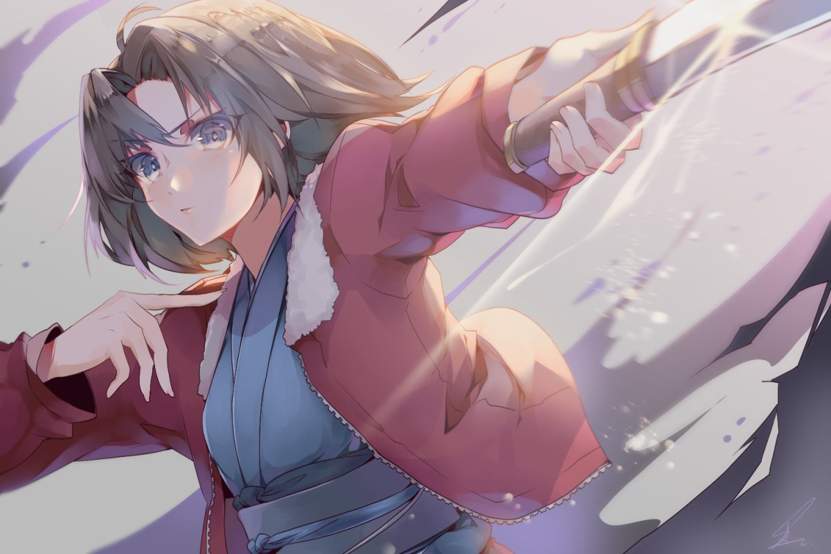 black_hair grey_eyes holding holding_sword holding_weapon jacket japanese_clothes kara_no_kyoukai katana kimono knife obi red_jacket ryougi_shiki saihate_(d3) sash short_hair slashing sword weapon