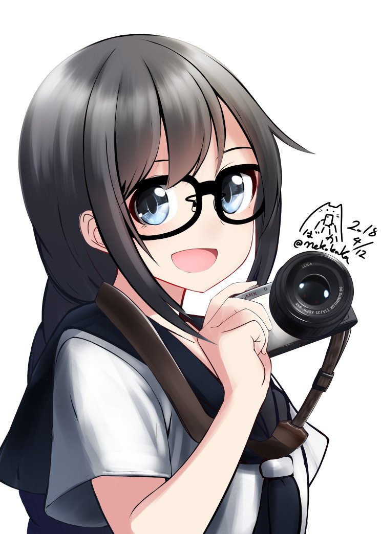 1girl :d black-framed_eyewear blue_eyes blue_neckwear blue_sailor_collar braid camera commentary_request copyright_request dated glasses grey_hair holding long_hair looking_at_viewer neckerchief nekobaka open_mouth sailor_collar school_uniform serafuku short_sleeves signature simple_background smile solo twitter_username upper_body white_background