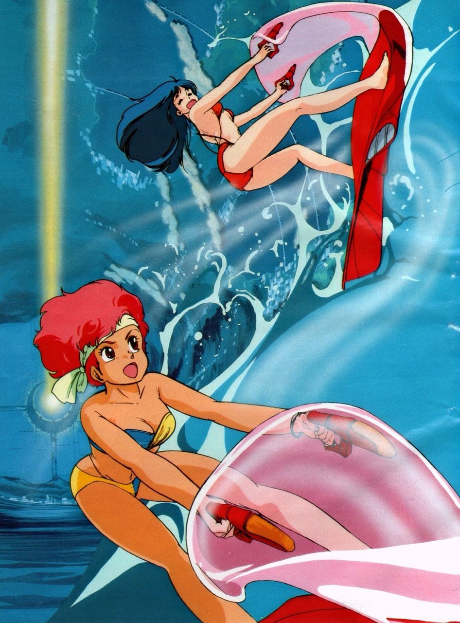 2girls 80s barefoot blue_eyes blue_hair breasts cleavage closed_eyes dirty_pair headband highres jet_ski kei_(dirty_pair) long_hair multiple_girls official_art oldschool open_mouth red_eyes red_swimsuit redhead riding scan short_hair strapless strapless_bikini swimsuit takachiho_haruka water yuri_(dirty_pair)