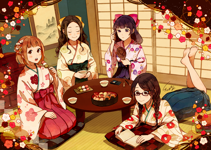 4girls akagi_shun blue_hakama blush book bow brown-framed_eyewear brown_eyes brown_hair campfire closed_eyes closed_mouth commentary_request copyright_request cup dango eating flower food green_hakama hair_bow hair_flower hair_ornament hakama holding holding_food indoors japanese_clothes long_hair long_sleeves looking_at_viewer lying mirror multiple_girls obentou on_stomach onigiri open_book open_mouth painting_(object) pink_bow purple_hair purple_hakama reading red_hakama sanshoku_dango seiza semi-rimless_eyewear short_hair signature sitting smile tatami under-rim_eyewear wagashi wide_sleeves yellow_bow
