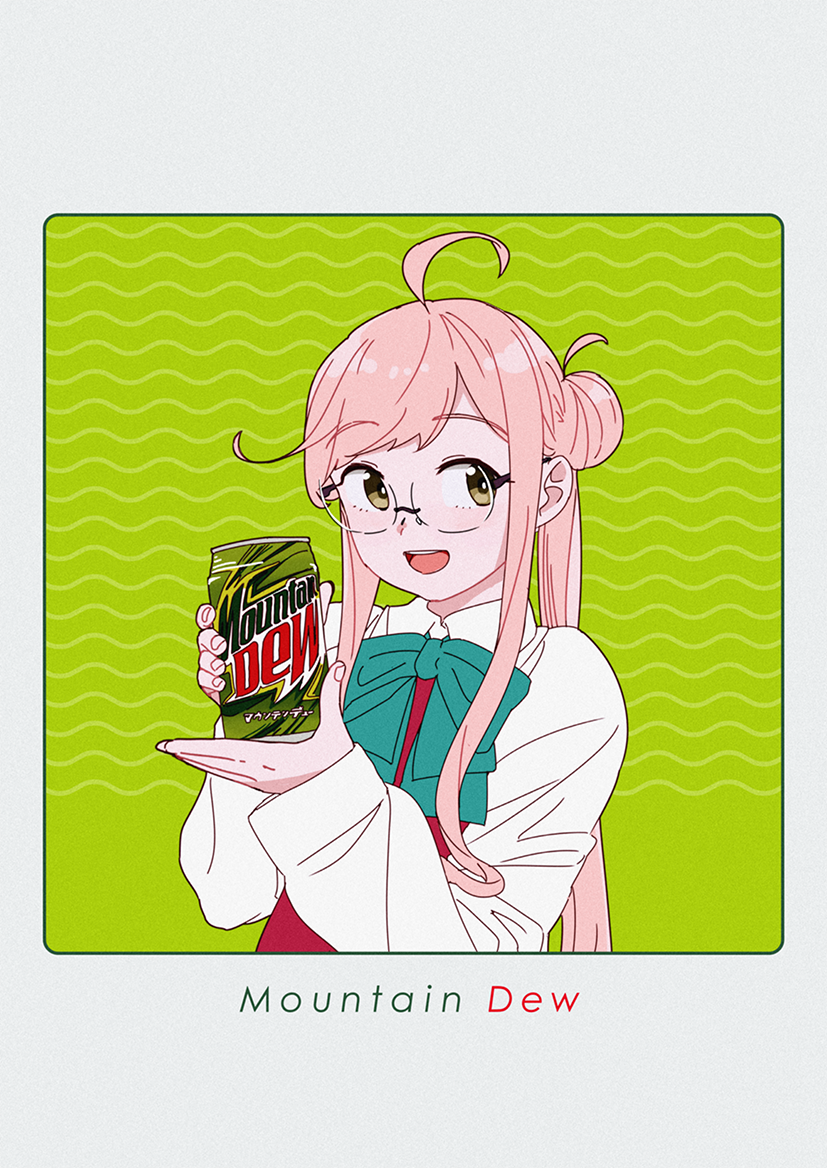 1girl can double_bun glasses green_background halterneck kantai_collection long_sleeves makigumo_(kantai_collection) mountain_dew ojipon open_mouth pink_hair product_placement school_uniform shirt smile soda_can solo square twintails upper_body wavy_background white_shirt yellow_eyes