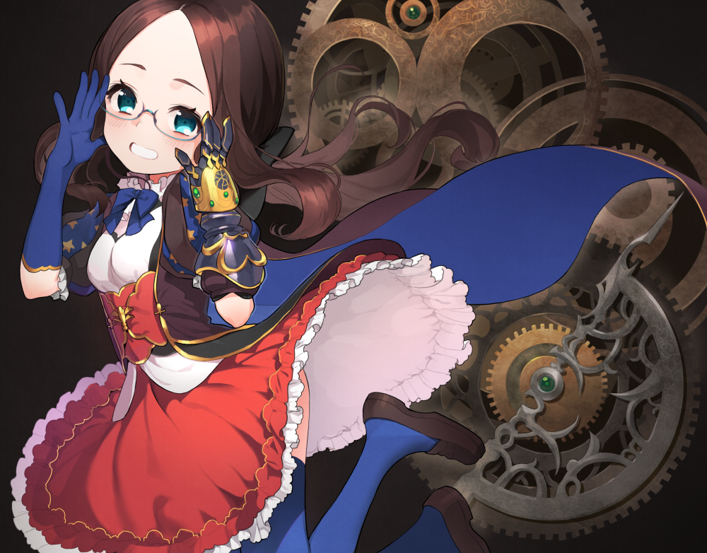 1girl adjusting_eyewear bangs blue_bow blue_cape blue_eyes blue_flower blue_legwear blush bow breasts brown_cape brown_footwear brown_hair cape commentary_request doremi elbow_gloves fate/grand_order fate_(series) flower forehead gauntlets gears glasses gloves grin head_tilt leonardo_da_vinci_(fate/grand_order) loafers long_hair looking_at_viewer looking_to_the_side multicolored multicolored_cape multicolored_clothes parted_bangs puffy_short_sleeves puffy_sleeves red_skirt shirt shoes short_sleeves single_elbow_glove single_gauntlet skirt small_breasts smile solo star star_print thigh-highs very_long_hair white_shirt