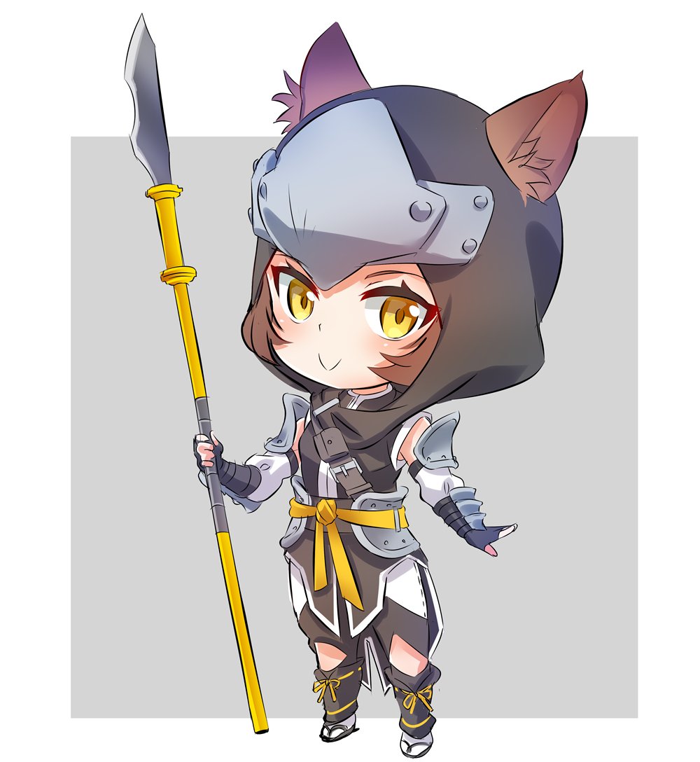 1girl animal_ears armor brown_hair fingerless_gloves gloves greaves helmet iesupa pauldrons polearm rwby rwby_chibi sandals smile solo spear weapon yellow_eyes