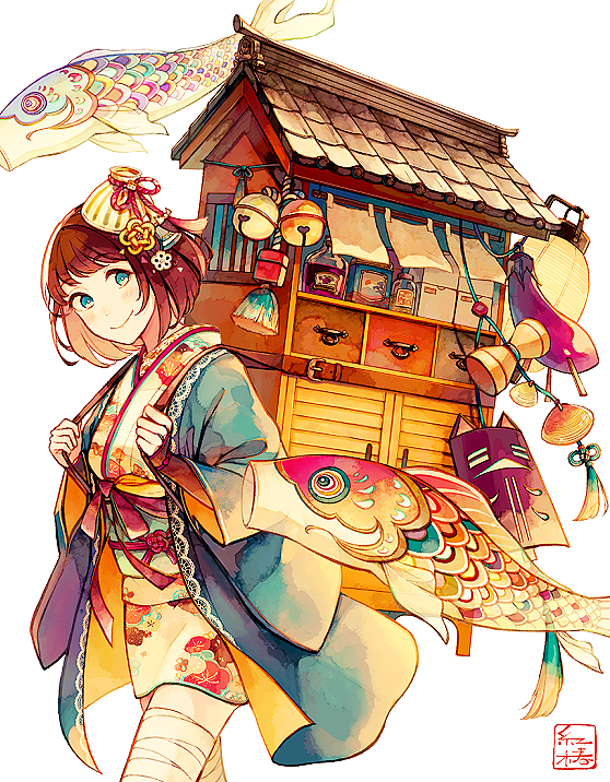 1girl akagi_shun backpack bag bandage bandaged_leg bangs bell blue_eyes blue_jacket blush bottle bowl bracelet brown_hair closed_mouth commentary_request cowboy_shot eyebrows_visible_through_hair fish graphite_(medium) hair_ornament jacket japanese_clothes jewelry jingle_bell kimono long_sleeves looking_at_viewer looking_to_the_side obi open_clothes open_jacket original sash signature smile solo standing tassel traditional_media walking white_background yukata