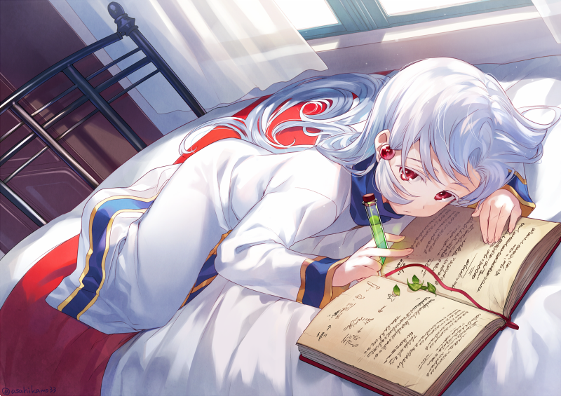 1girl asahikawa_hiyori bed bed_frame book commentary_request day habit indoors leaf long_hair long_sleeves looking_at_viewer lying on_bed on_stomach open_book original red_eyes solo vial white_hair