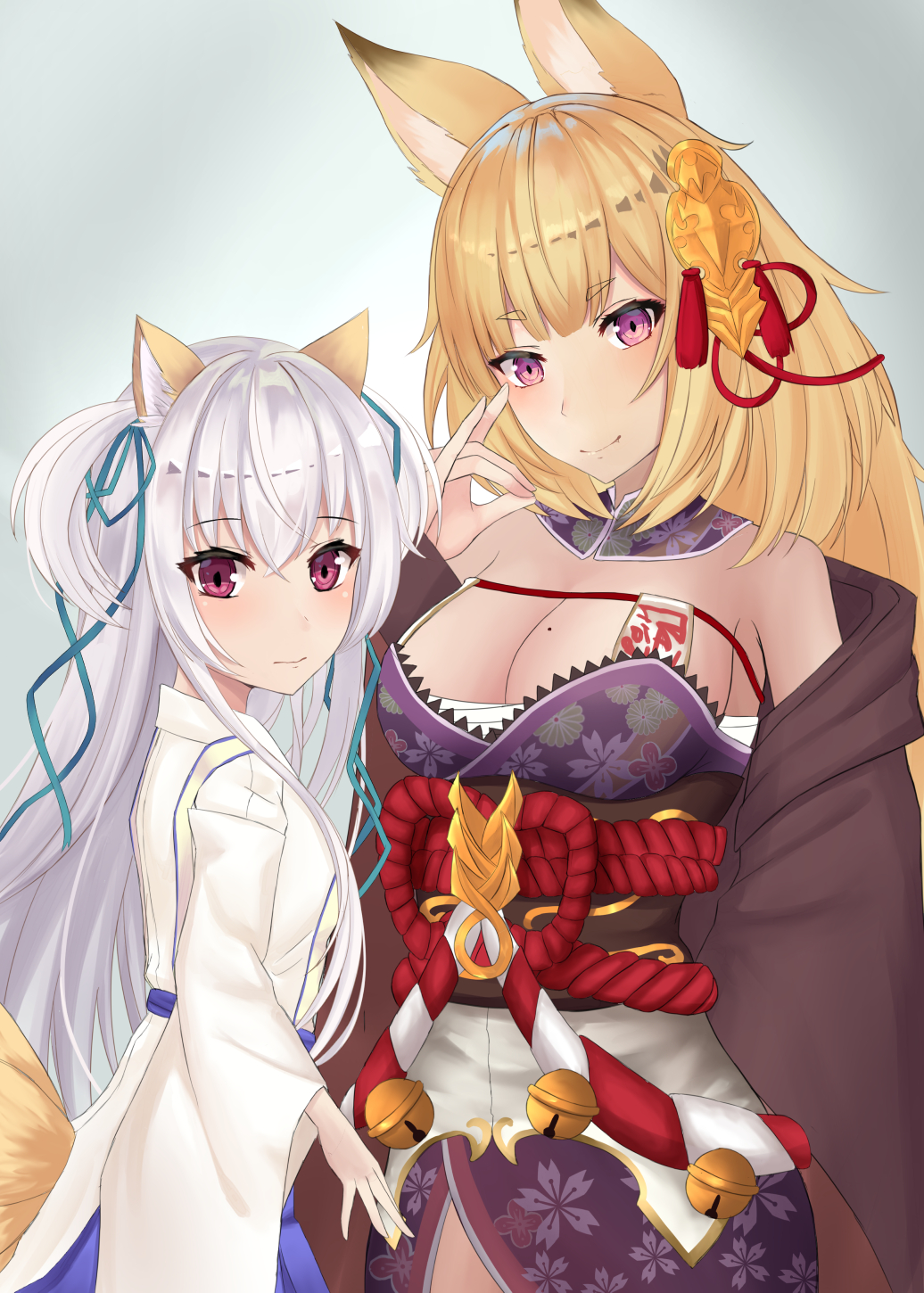 2girls animal_ears bare_shoulders bell blush breasts cleavage eyebrows_visible_through_hair floral_print fox_ears fox_tail gaitoou gradient gradient_background grey_background hair_ornament hand_up highres jingle_bell kayou_(sennen_sensou_aigis) kyuubi_(sennen_sensou_aigis) long_hair looking_at_viewer mole mole_on_breast multiple_girls ribbon sennen_sensou_aigis silver_hair simple_background smile standing tail thick_eyebrows violet_eyes