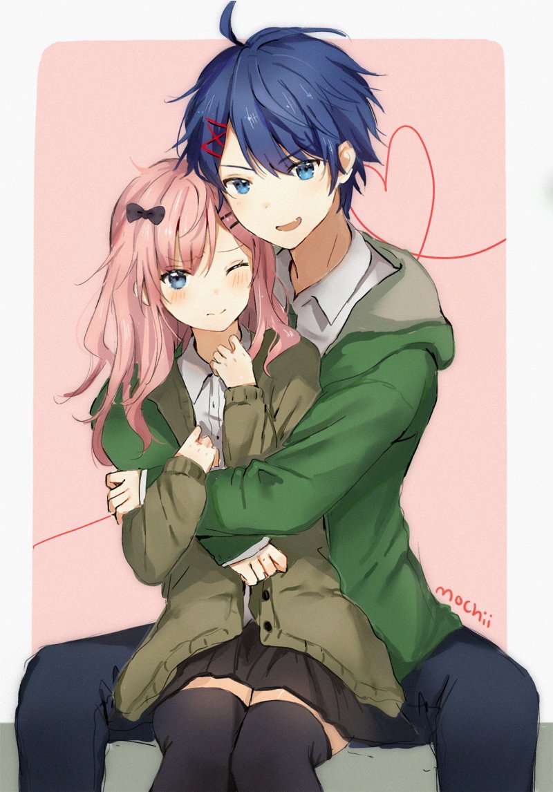 1boy 1girl black_bow black_legwear black_skirt blue_eyes blue_hair blue_pants blush bow cardigan closed_mouth commentary commission english_commentary eyebrows_visible_through_hair fang hair_bow hair_ornament hairclip heart heart_of_string hug long_hair long_sleeves looking_at_viewer mochii one_eye_closed original pants pink_background pink_hair signature sitting skirt smile thigh-highs