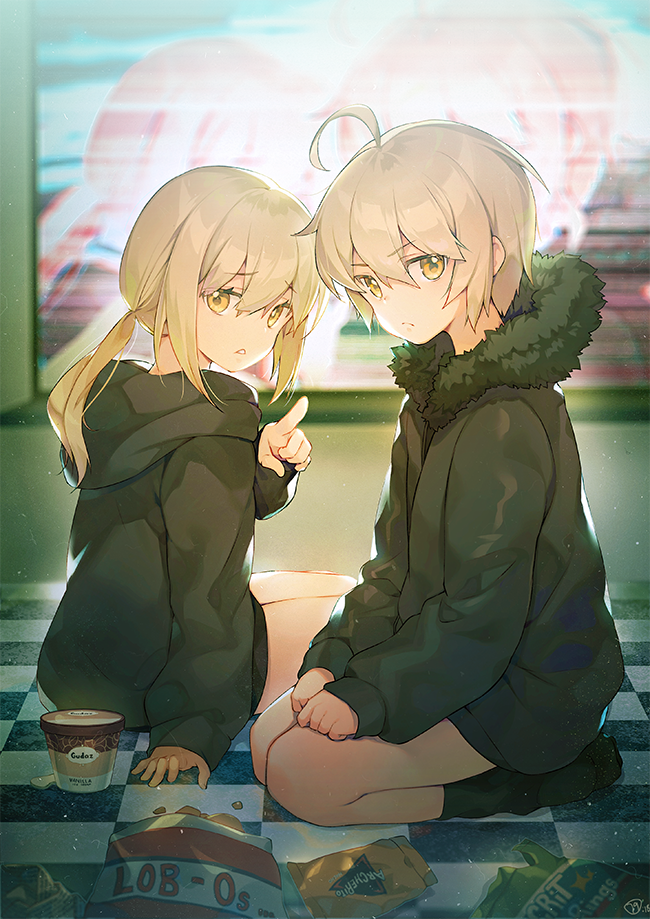 2girls arm_support artoria_pendragon_(all) bag_of_chips bangs black_hoodie black_jacket black_legwear blurry blurry_background blush checkered checkered_floor closed_mouth commentary_request depth_of_field eyebrows_visible_through_hair fate/apocrypha fate/grand_order fate_(series) fur-trimmed_jacket fur_trim haagen-dazs hair_between_eyes hand_up hands_on_lap hood hood_down hoodie jacket jeanne_d'arc_(alter)_(fate) jeanne_d'arc_(fate)_(all) long_hair long_sleeves looking_at_viewer looking_to_the_side low_twintails multiple_girls naguri no_shoes parted_lips pointing pointing_at_viewer saber_alter seiza silver_hair sitting sleeves_past_wrists socks twintails yellow_eyes