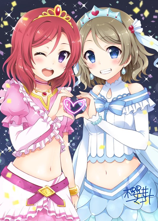 2girls ;d bangle belt blue_eyes blush bracelet choker commentary_request confetti earrings eyebrows_visible_through_hair frills gem grey_hair grin heart heart_hands jewelry koi_ni_naritai_aquarium looking_at_viewer love_live! love_live!_school_idol_project love_live!_sunshine!! midriff multiple_girls music_s.t.a.r.t!! navel necklace nishikino_maki one_eye_closed open_mouth redhead sakurai_makoto_(custom_size) short_over_long_sleeves shoulder_cutout signature single_sleeve skirt smile sparkle tiara violet_eyes watanabe_you