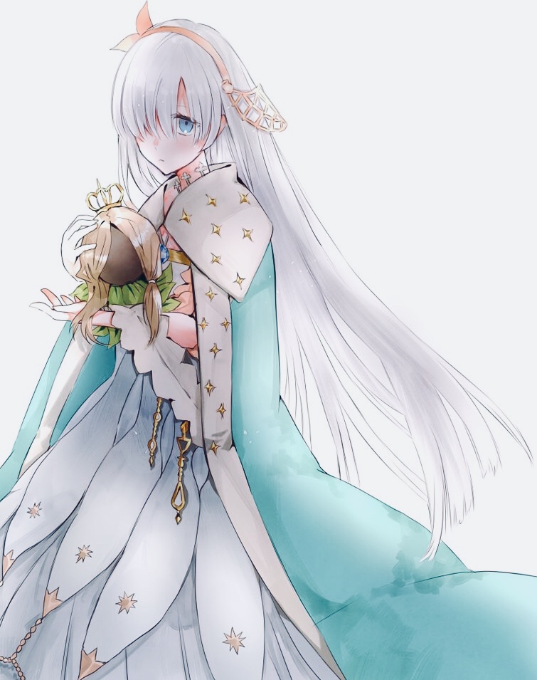 1girl anastasia_(fate/grand_order) bangs blue_eyes cape commentary_request crown doll dress eyebrows_visible_through_hair fate/grand_order fate_(series) hair_over_one_eye hairband holding jewelry kakao_02 long_hair looking_at_viewer mini_crown ribbon royal_robe silver_hair solo very_long_hair