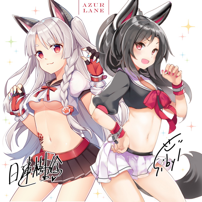 2girls :3 :d animal_ears azur_lane bangs belt belt_buckle black_hair black_sailor_collar black_shirt black_skirt blush bow braid breasts buckle cleavage closed_mouth contrapposto copyright_name cowboy_shot crop_top crop_top_overhang eyebrows_visible_through_hair fake_animal_ears fingerless_gloves gloves hand_on_hip hands_up hitsuki_rei long_hair looking_at_viewer mechanical_ears medium_breasts miniskirt multicolored multicolored_nail_polish multiple_girls nail_polish navel one_side_up open_mouth parted_bangs pink_bow pink_eyes pink_nails pleated_skirt puffy_short_sleeves puffy_sleeves red_eyes red_gloves sailor_collar shigure_(azur_lane) shiny shiny_hair shirt short_sleeves side_braid signature silver_hair skirt smile sparkle_background standing stomach tareme tattoo thick_eyebrows thighs under_boob v-shaped_eyebrows very_long_hair white_background white_sailor_collar white_shirt white_skirt wrist_cuffs yuudachi_(azur_lane)