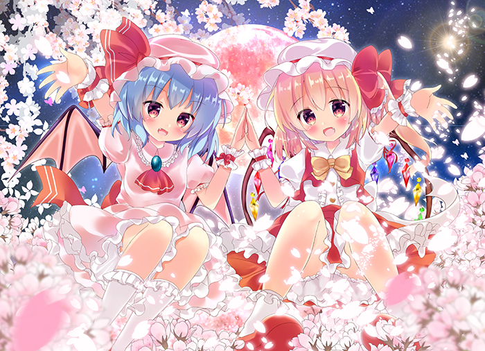 2girls :d arm_up ascot bat_wings blonde_hair bloomers blue_hair blush bobby_socks bow center_frills commentary_request dress fang flandre_scarlet flower frills hat hat_bow long_hair mob_cap multiple_girls one_side_up open_clothes open_mouth open_vest outstretched_arm petals pink_dress pink_flower pink_hat pink_wings puffy_short_sleeves puffy_sleeves red_bow red_eyes red_footwear red_neckwear red_ribbon red_skirt red_vest remilia_scarlet ribbon rikatan shirt shoes short_sleeves siblings sisters sitting skirt skirt_set smile socks touhou underwear vest white_bloomers white_hat white_legwear white_shirt wings wrist_cuffs yellow_bow