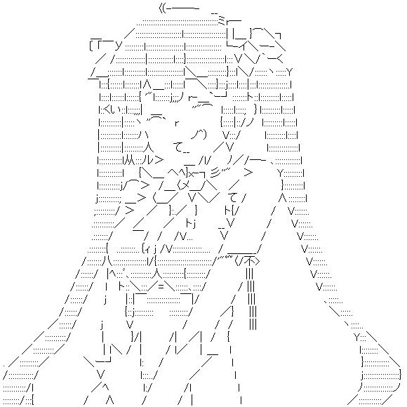 (-_-)_(b1u49i5nsk) 1girl arm_ribbon ascii_art bangs black_hair bow breasts cleavage cleavage_cutout closed_eyes dungeon_ni_deai_wo_motomeru_no_wa_machigatteiru_darou_ka eyebrows_visible_through_hair gloves greyscale hestia_(danmachi) large_breasts laughing long_hair looking_at_viewer monochrome open_mouth rei_no_himo ribbon simple_background smile solo twintails upper_body white_background white_gloves