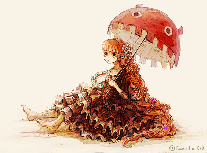 1girl akagi_shun barefoot braid brown_dress closed_mouth commentary dress flower frills from_side grey_background hair_flower hair_ornament holding long_hair looking_at_viewer one_piece orange_hair perona simple_background single_braid sitting solo stuffed_animal stuffed_toy umbrella very_long_hair