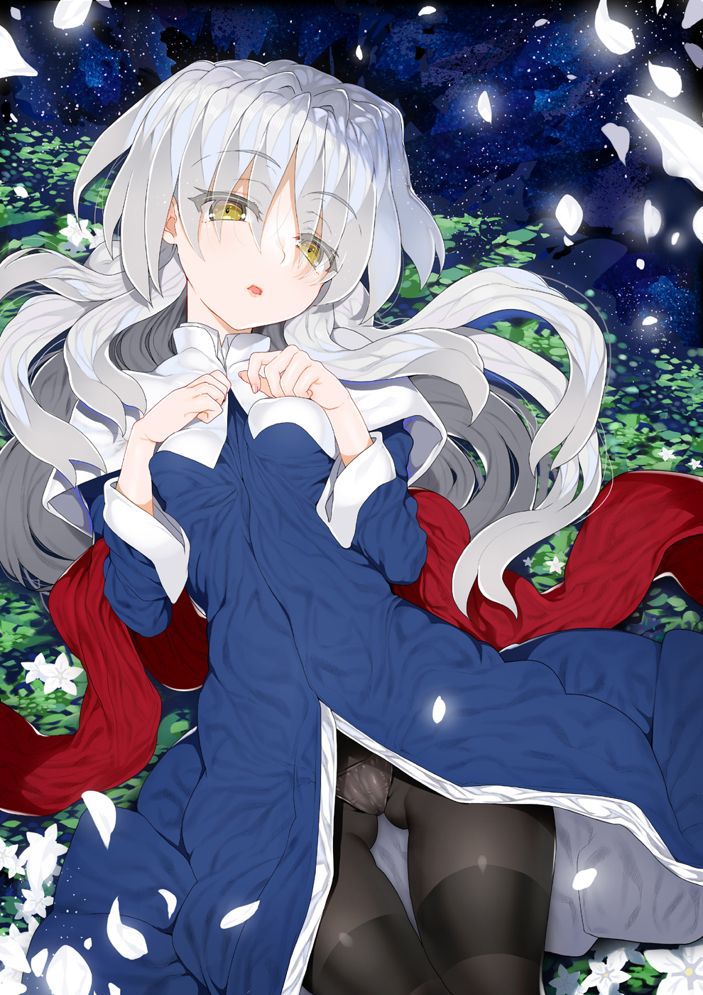 1girl bangs black_legwear blue_dress breasts caren_hortensia char commentary_request dress dutch_angle eyebrows_visible_through_hair eyes_visible_through_hair fate/hollow_ataraxia fate_(series) flower gluteal_fold hair_over_eyes highres long_hair long_sleeves looking_at_viewer lying medium_breasts on_back panties panties_under_pantyhose pantyhose parted_lips petals silver_hair solo thighband_pantyhose underwear very_long_hair white_flower wide_sleeves yellow_eyes