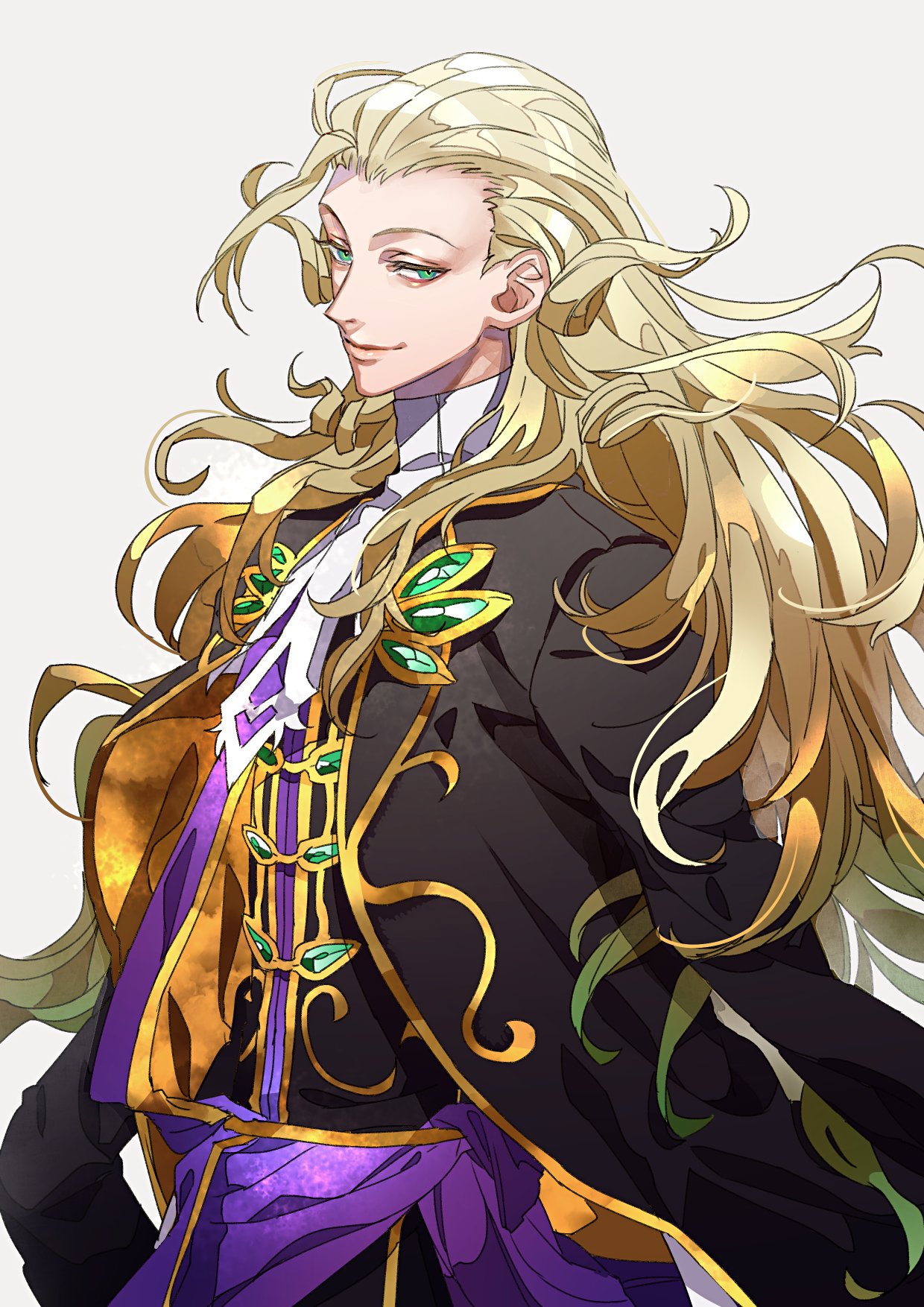 1boy blonde_hair closed_mouth commentary_request copyright_request fate/grand_order fate_(series) from_side green_eyes grey_background highres jacket long_hair long_sleeves looking_at_viewer simple_background sleeves_past_fingers smile solo standing tenobe turtleneck upper_body wolfgang_amadeus_mozart_(fate/grand_order)