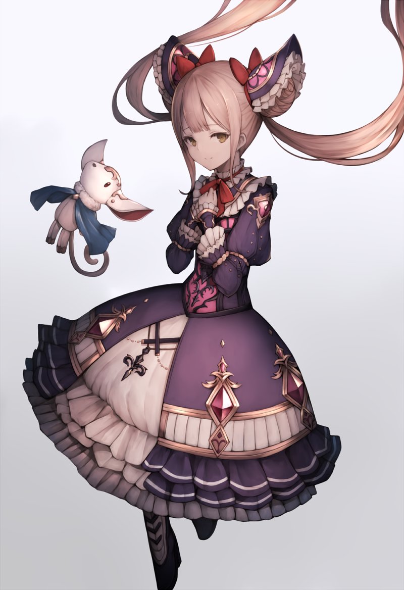 1girl black_footwear boots bow bowtie brown_eyes bubble_skirt bun_cover closed_mouth doll double_bun dress falling floating_hair gradient gradient_background grey_background hands_on_own_chest inaba_sunimi juliet_sleeves light_brown_hair long_hair long_sleeves looking_at_viewer luna_(shadowverse) puffy_sleeves purple_dress red_neckwear shadowverse skirt smile solo twintails