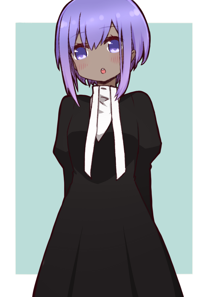 1girl :o alternate_costume aqua_background arms_behind_back bangs black_dress blush dress eyebrows_visible_through_hair fate/grand_order fate_(series) hassan_of_serenity_(fate) i.u.y juliet_sleeves long_sleeves looking_at_viewer open_mouth outside_border puffy_sleeves purple_hair round_teeth short_hair simple_background solo tareme teeth upper_body violet_eyes white_border