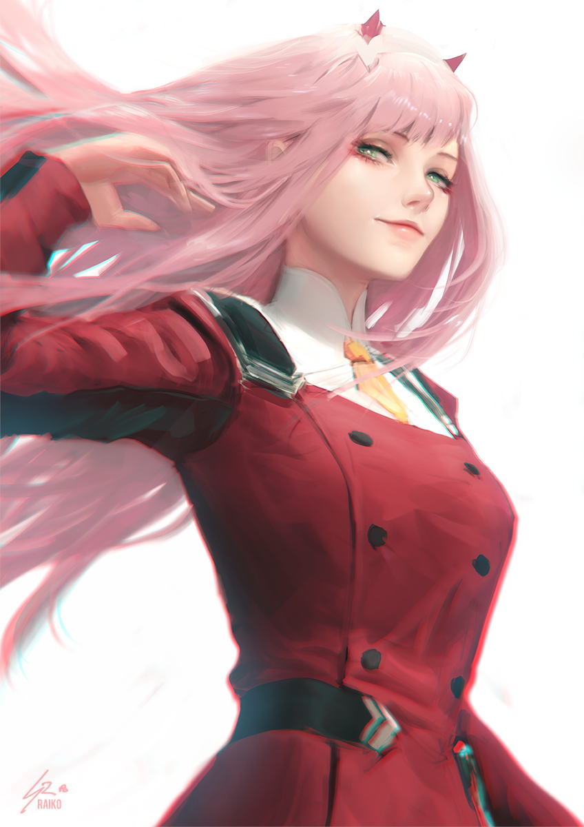 1girl aqua_eyes bangs darling_in_the_franxx double-breasted dress eyeshadow hairband hands_in_hair highres horns looking_at_viewer makeup military military_uniform orange_neckwear pink_hair raikoart red_dress shiny shiny_hair smile straight_hair uniform white_hairband zero_two_(darling_in_the_franxx)