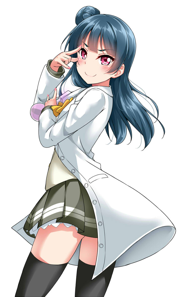 &gt;:) 1girl \m/ bangs black_legwear blue_hair blush bow bowtie commentary_request labcoat long_hair long_sleeves looking_at_viewer love_live! love_live!_sunshine!! miniskirt nail_polish pink_nails pleated_skirt school_uniform serafuku side_bun simple_background skirt smile solo test_tube thigh-highs tsushima_yoshiko uranohoshi_school_uniform violet_eyes white_background yellow_neckwear yopparai_oni