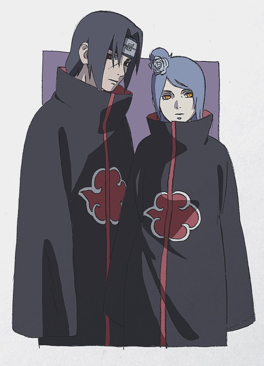 1boy 1girl black_hair blue_hair commentary_request flower hair_flower hair_ornament headband high_collar highres konan long_sleeves looking_at_viewer mi_(pic52pic) naruto orange_eyes red_eyes robe sharingan sleeves_past_fingers standing uchiha_itachi