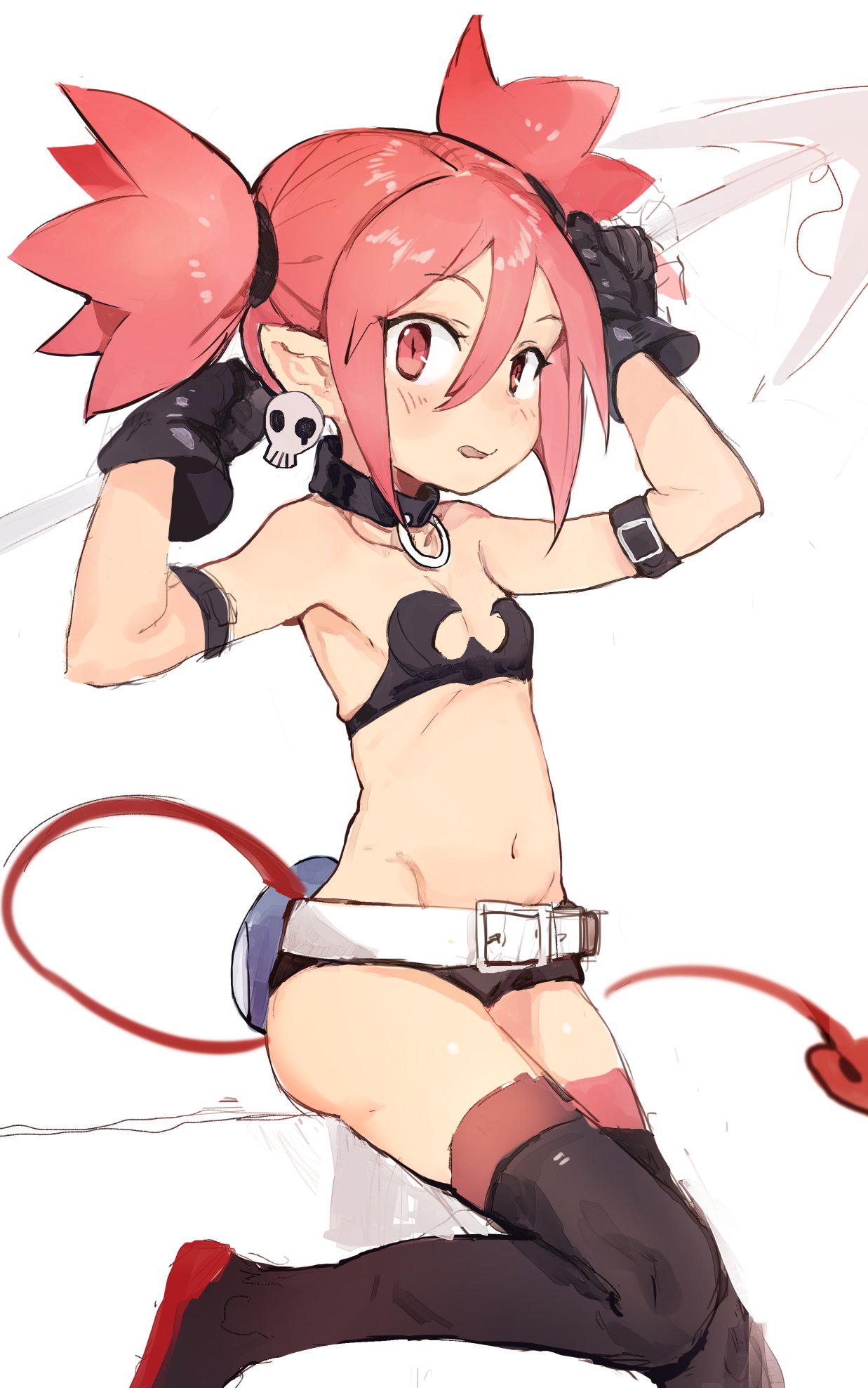 1girl armband bare_shoulders belt black_choker black_footwear black_gloves blush choker commentary_request demon_girl demon_tail disgaea earrings etna flat_chest gloves hands_up highres hiranko holding jewelry legs_together looking_at_viewer makai_senki_disgaea micro_shorts navel parted_lips pink_eyes pink_hair pointy_ears shorts skull_earrings smile solo tail thigh-highs twintails