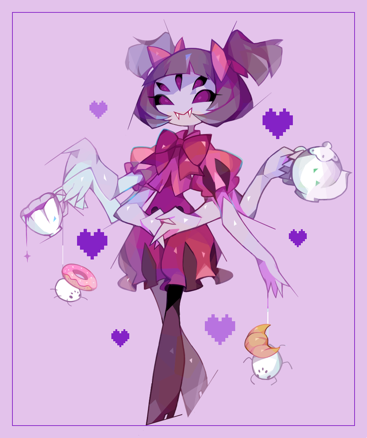 1girl amakusa_(hidorozoa) bangs blunt_bangs bow bowtie brown_hair cup doughnut dress fang_out fangs fangs_out food insect_girl interlocked_fingers looking_at_viewer monster_girl muffet own_hands_together pantyhose pink_bow pink_dress purple_skin red_neckwear smile solo spider spider_girl standing teacup twintails undertale