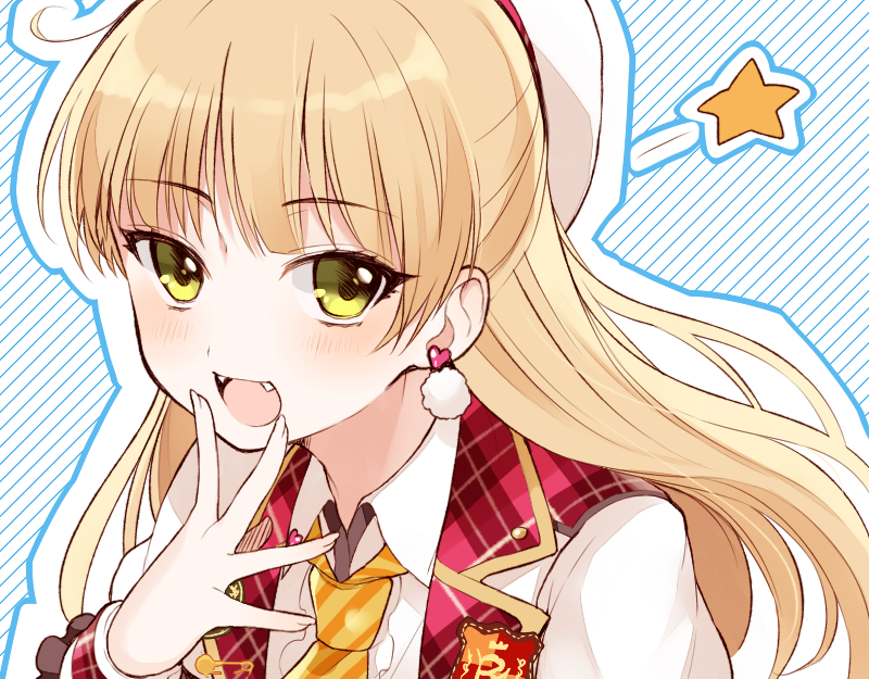 1girl :d blonde_hair blue_background blush chisumi collared_shirt collared_vest comic diagonal-striped_background diagonal_stripes earrings eyebrows_visible_through_hair green_eyes hand_up hat heart heart_earrings idolmaster idolmaster_cinderella_girls jewelry jougasaki_rika long_hair long_sleeves looking_at_viewer necktie open_mouth outline pom_pom_earrings red_vest shirt smile solo star striped striped_background upper_body vest wing_collar yellow_neckwear