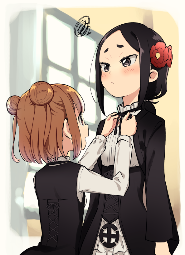 2girls :&lt; adjusting_another's_clothes bangs beatrice_(princess_principal) black_eyes black_hair black_neckwear black_ribbon blush brown_eyes brown_hair double_bun dressing_another flower frilled_shirt_collar frills from_behind hair_flower hair_ornament long_sleeves multiple_girls neck_ribbon niina_ryou open_mouth princess_principal profile red_flower ribbon school_uniform squiggle toudou_chise vest window