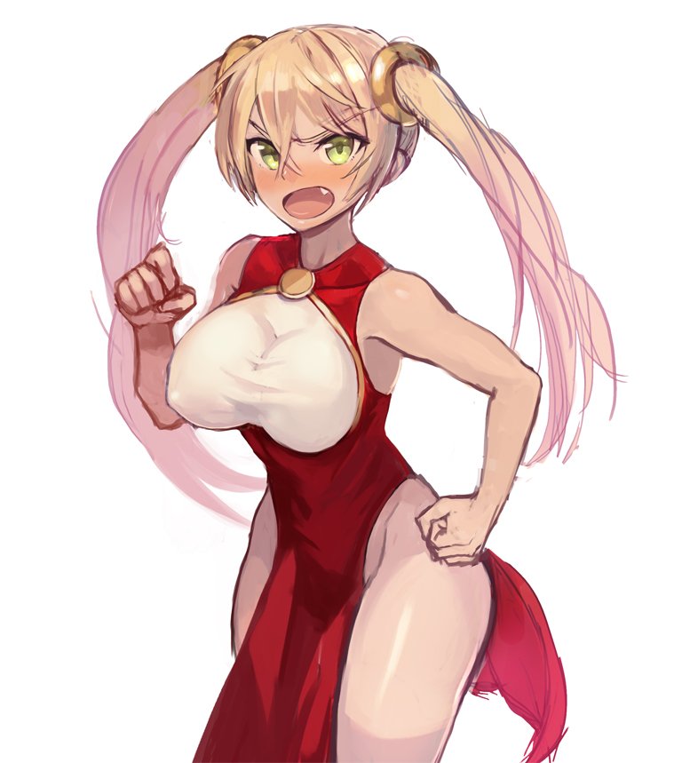 1girl bare_arms bare_shoulders blonde_hair blush breasts china_dress chinese_clothes copyright_request cowboy_shot dress fang green_eyes hair_between_eyes hand_up korean_commentary large_breasts looking_at_viewer pelvic_curtain red_dress simple_background solo sookmo standing twintails white_background