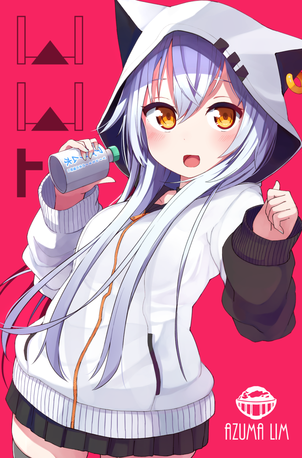 1girl :d animal_ears animal_hood azuma_lim azuma_lim_channel bangs black_legwear black_skirt blush bottle breasts brown_eyes cat_ears cat_hood character_name commentary ear_piercing eyebrows_visible_through_hair hair_between_eyes highres holding holding_bottle hood hood_up hoodie long_hair long_sleeves looking_at_viewer okota_mikan open_mouth piercing pink_background pleated_skirt silver_hair skirt sleeves_past_wrists small_breasts smile solo thigh-highs very_long_hair virtual_youtuber water_bottle white_hoodie