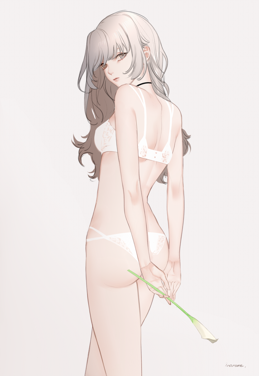 1girl arms_behind_back ass back bangs bare_arms bare_back bare_shoulders black_choker bra breasts brown_eyes choker closed_mouth cowboy_shot expressionless flower from_behind grey_background grey_hair highres holding holding_flower inanome_me long_hair looking_back original panties shiny shiny_hair shoulder_blades signature simple_background small_breasts solo standing thighs underwater underwear underwear_only v_arms white_bra white_panties