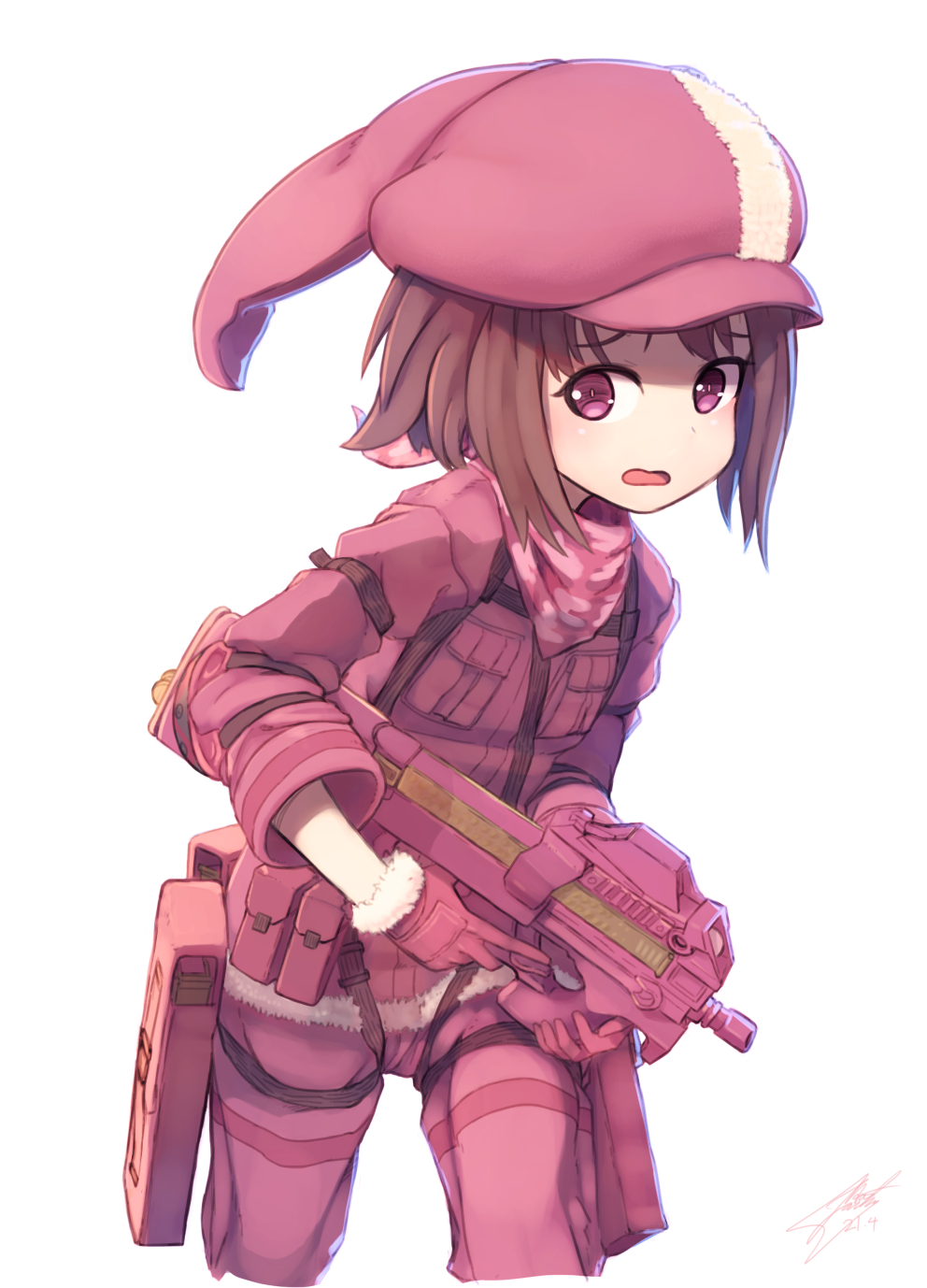 1girl bandanna brown_hair bullpup commentary_request dated gloves gun hat highres holding holding_gun holding_weapon j.h_j.h llenn_(sao) long_sleeves looking_to_the_side open_mouth p90 pink_bandana pink_eyes pink_gloves pink_hat short_hair signature simple_background solo standing submachine_gun sword_art_online sword_art_online_alternative:_gun_gale_online uniform weapon white_background