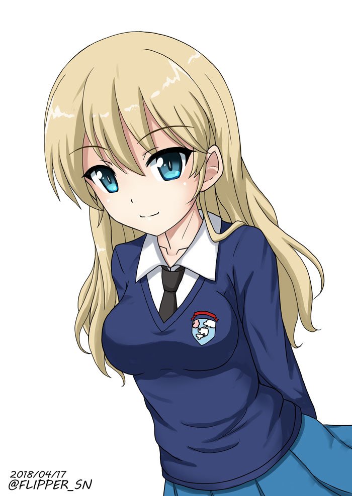 1girl 2018 alternate_hairstyle arms_behind_back black_neckwear blonde_hair blue_eyes breasts darjeeling dated dutch_angle emblem eyebrows_visible_through_hair flipper girls_und_panzer long_hair looking_at_viewer medium_breasts smile solo st._gloriana's_(emblem) st._gloriana's_school_uniform twitter_username white_background