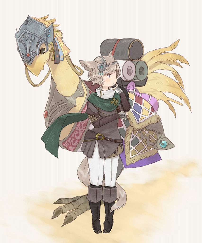 1girl animal_ears brown_eyes brown_hair cat_ears cat_tail chocobo facial_mark final_fantasy final_fantasy_xiv full_body hair_ornament looking_to_the_side miqo'te mozuku_(mozuuru0323) petite short_hair solo standing tail