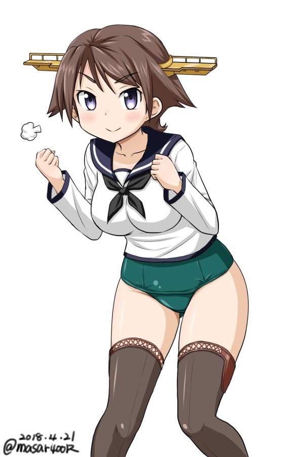 1girl black_eyes black_neckwear black_sailor_collar boots brown_hair brown_legwear commentary_request cowboy_shot dated flipped_hair green_swimsuit headgear hiei_(kantai_collection) kantai_collection looking_at_viewer masara_(masalucky2010) neckerchief sailor_collar sailor_shirt school_swimsuit shirt short_hair simple_background solo swimsuit swimsuit_under_clothes thigh-highs thigh_boots twitter_username white_background