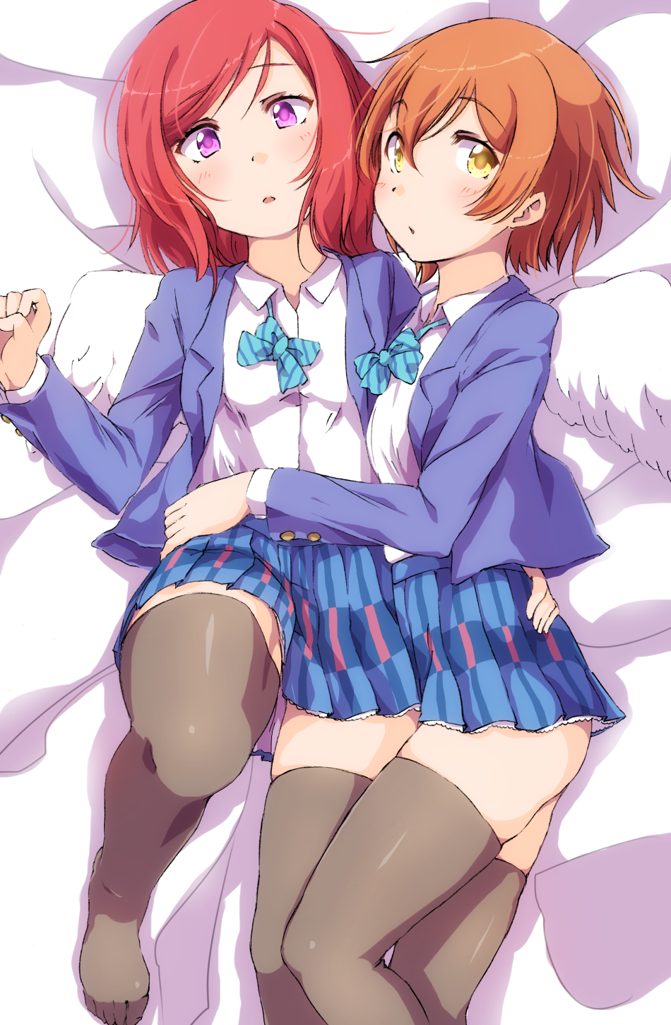 2girls :o angel_wings arm_around_waist bed_sheet black_legwear blazer blue_neckwear bow bowtie clenched_hand collared_shirt eyebrows_visible_through_hair feathered_wings highres hoshizora_rin jacket long_sleeves looking_at_viewer love_live! love_live!_school_idol_project miniskirt multiple_girls nishikino_maki orange_hair plaid plaid_skirt pleated_skirt redhead sen_(sen0910) shirt skindentation skirt striped_neckwear thigh-highs uranohoshi_school_uniform violet_eyes white_shirt white_wings wings yellow_eyes