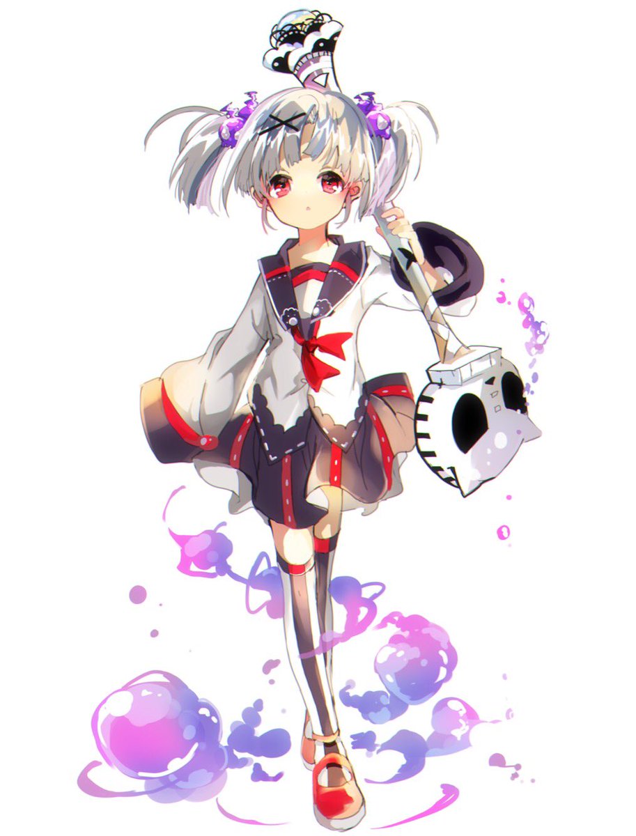 1girl :o bangs black_skirt blush commentary_request fuyusuke_(hz+) hair_ornament highres holding long_sleeves looking_at_viewer original parted_lips pleated_skirt red_eyes red_footwear red_neckwear shirt shoes silver_hair skirt sleeves_past_fingers sleeves_past_wrists smoke solo standing striped striped_legwear thigh-highs two_side_up vertical-striped_legwear vertical_stripes white_background white_shirt wide_sleeves x_hair_ornament