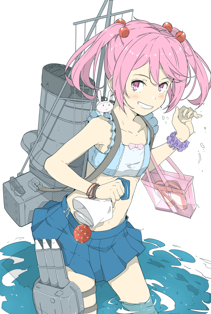 1girl armband blue_skirt collarbone grin hair_bobbles hair_ornament kantai_collection machinery ninimo_nimo partially_submerged pink_eyes pink_hair pleated_skirt sazanami_(kantai_collection) short_hair skirt smile smokestack solo torpedo twintails white_background