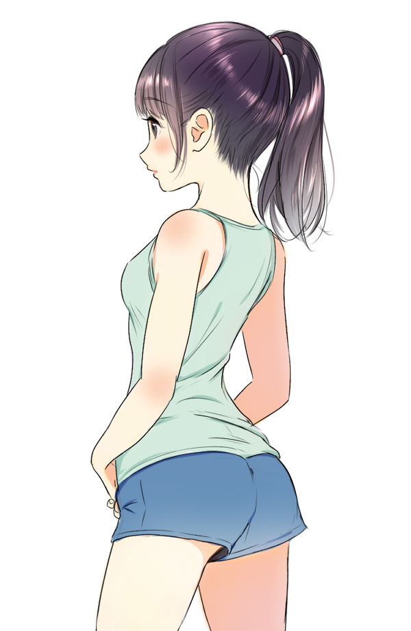1girl ass back bare_shoulders blush boyshorts brown_eyes character_request closed_mouth cowboy_shot eyebrows_visible_through_hair nape ponytail purple_hair simple_background sleeveless solo standing white_background yatomi