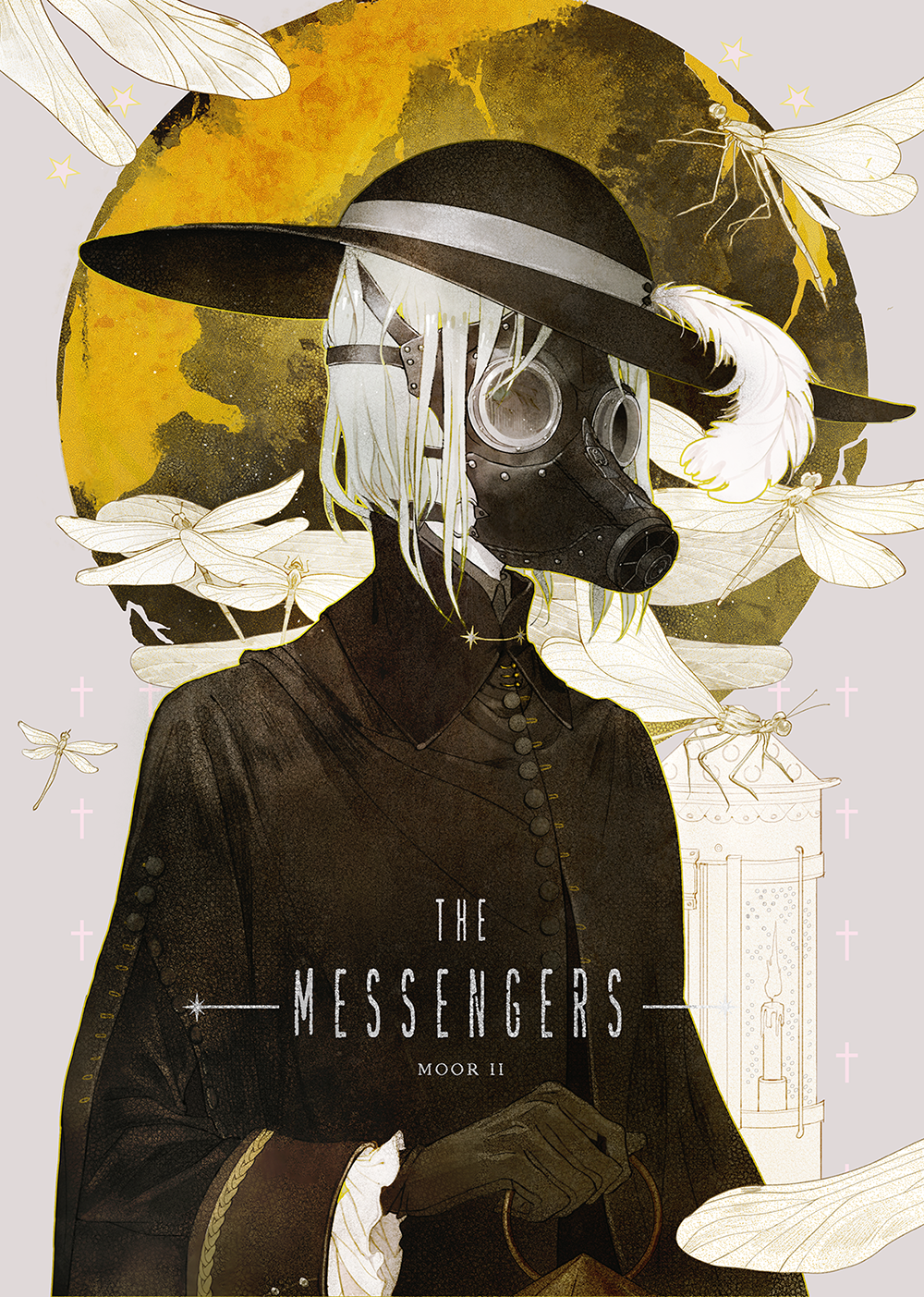 1girl black_gloves blonde_hair cover cover_page doujin_cover dragonfly earth fabri gas_mask gloves green_eyes hat_feather highres insect lantern latin_cross muted_color original short_hair texture