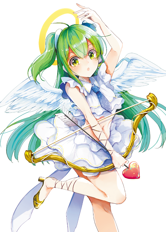 1girl :o alternate_costume angel angel_costume angel_wings arm_up arrow azuma_aya bare_arms bent_elbow bent_knee blue_neckwear blush bow_(weapon) breasts collared_shirt commentary_request crop_top crossed_bangs eyebrows_visible_through_hair eyelashes feathered_wings foot_out_of_frame frilled_shirt frilled_skirt frills frog_hair_ornament green_eyes green_hair hair_between_eyes hair_ornament hair_tubes halo heart_arrow high_heels holding holding_arrow holding_bow_(weapon) holding_weapon kochiya_sanae large_breasts layered_skirt long_hair looking_at_viewer midriff navel necktie one_leg_raised one_side_up shirt shoes simple_background skirt sleeveless sleeveless_shirt solo standing standing_on_one_leg touhou weapon white_background white_shirt white_skirt white_wings wings yellow_footwear