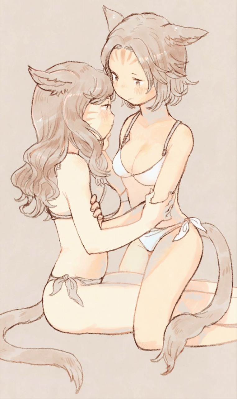 2girls animal_ears bikini blush breasts brown_background brown_eyes cat_ears cat_tail cleavage facial_mark final_fantasy final_fantasy_xiv hand_on_another's_face highres holding_another's_arm kneeling light_brown_hair long_hair looking_at_another medium_breasts miqo'te mozuku_(mozuuru0323) multiple_girls short_hair sitting swimsuit tail white_bikini yuri