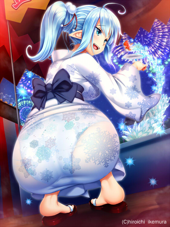 1girl :d animal_ears artist_name ass blue_eyes ikemura_hiroichi japanese_clothes kimono open_mouth original panties pantylines pointy_ears sandals see-through side_ponytail smile snowflake_print solo squatting underwear yukata yuki_onna