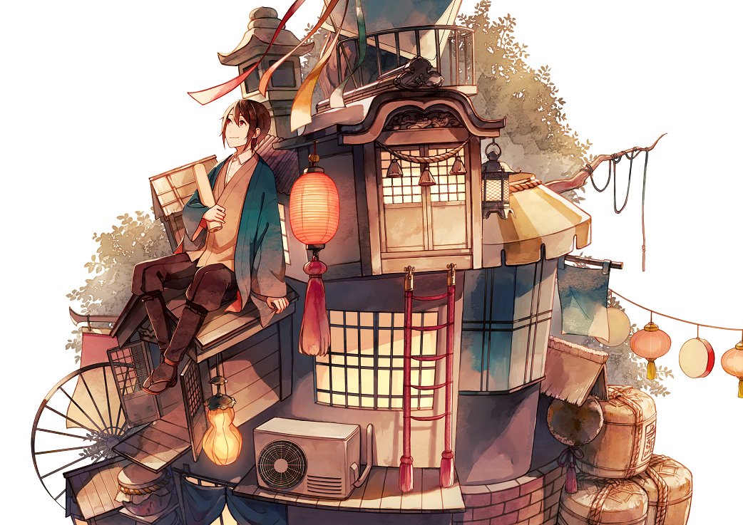 1boy air_conditioner akagi_shun blue_jacket brown_hair closed_mouth collared_shirt commentary_request hair_between_eyes holding jacket ladder lantern long_sleeves looking_up original paper_lantern sandals scroll shirt sitting smile solo tabi window wing_collar