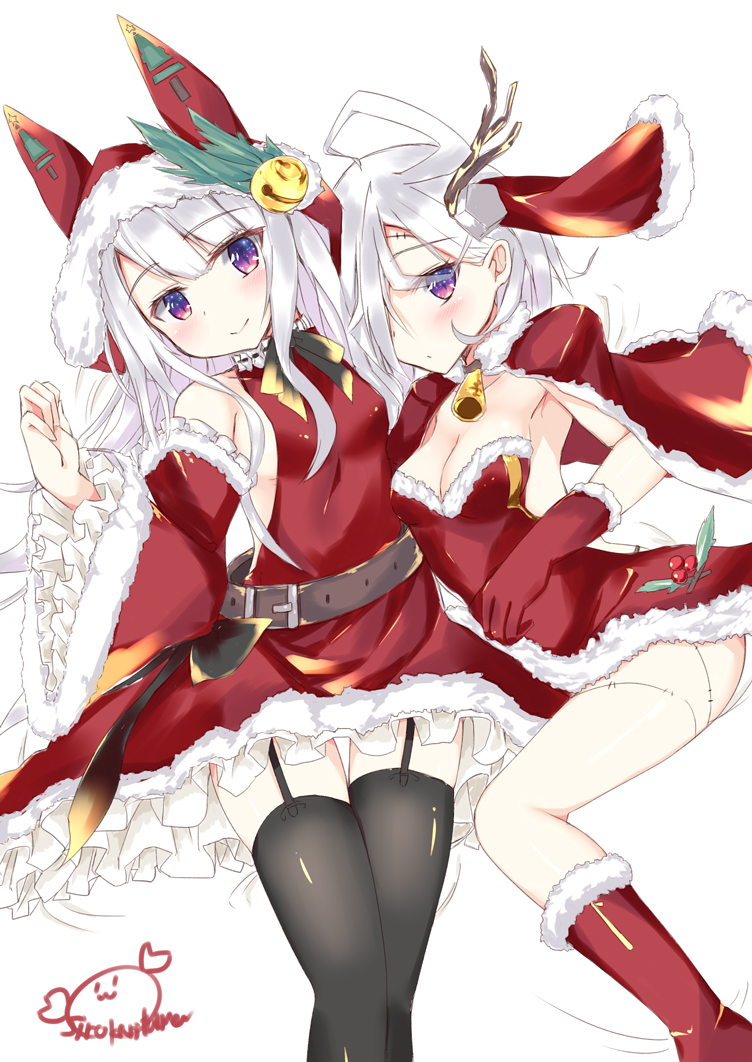 2girls alternate_costume animal_hat antlers azur_lane backless_outfit bangs bare_shoulders bell belt black_legwear blush bolt boots breasts brown_belt capelet christmas cleavage closed_mouth collarbone commentary_request detached_sleeves dress erebus_(azur_lane) eyebrows_visible_through_hair fur-trimmed_boots fur-trimmed_capelet fur-trimmed_dress fur-trimmed_hat fur-trimmed_sleeves fur_trim garter_straps hair_over_one_eye hat jingle_bell kanitama knee_boots long_hair long_sleeves medium_breasts multiple_girls open-back_dress red_capelet red_dress red_footwear red_hat santa_costume signature silver_hair simple_background small_breasts smile stitches strapless strapless_dress terror_(azur_lane) thigh-highs very_long_hair violet_eyes white_background wide_sleeves